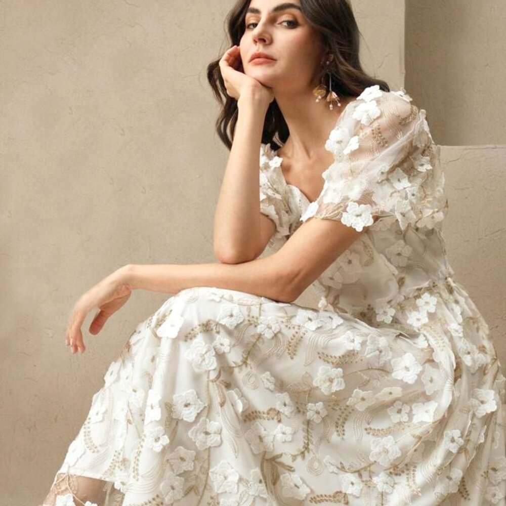 ANEWSTA FLORAL WHITE GOLD ROMANTIC MIDI DRESS ELEGANT ETHEREAL BLOOMCORE MED